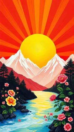 The background features a radiant sunrise red yellow gradient with white mountains and flowers gaden VOILET ROSE FLOWER river at the image's base.bold painting style
