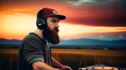 bearded man with cap, DJ play records, color sky background,landscape background