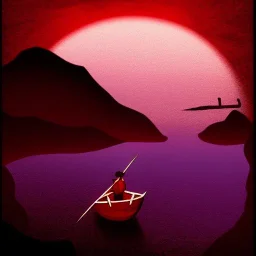 Charon in his boat on the river Styx, red black purple colours, 8k, high definition, fantasy art, winding river, sharp jagged rocks, high contrast colours, sharp colours