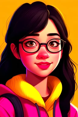 high quality, HD photo a girl with black hair, big brown eyes, a yellow Pullover, dark pink background, and Disney-faced girl, a not big smile on her face, glasses on like nerds, more natural face