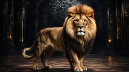 ultra wide angle, in focus, dark epic background, gorgeous lifelike, moody golden fur design, dynamic pose of a lion, the full and whole body, full length shot, hyper details, lighting art, cinematic, insane details, intricate details, hyperdetailed, goth, fractal, dark shot