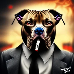  spray paint art,realistic pit bull mafia boss smoking, holding machine gun and wearing suit, city streets,run for cover, book illustration