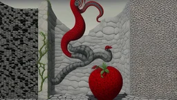 The image features two large stone-like structures with abstract human forms carved into them. A serpent, characterized by its red and black coloration, slithers between the two figures. One side includes an apple, and the other displays a leaf, adding organic elements to the otherwise rigid and surreal setting. The background consists of a checkered pattern, enhancing the surreal and artistic quality of the scene.