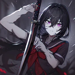 Clear focus, High resolution, rough line sketch art, long black hair, hair between eyes, fluffy hair, purple eyes, wearing a black and red sailor uniform, dark aura, mad, holding katana, bloody mess