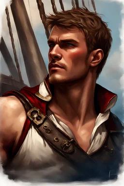 A half-body digital painting of a male pirate aged thirty that looks like [Alan Ritchson+Jack Reacher] with short hair and blue eyes standing on a ship, docked at port, Sultry pose, He wears revealing red and black clothing, Dramatic lighting, dynamic portrait, Painted by John William Waterhouse --ar 2:3 --v 6.0 -