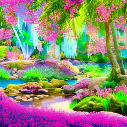 bright enchanted forest, blue lake,delicate flowers, pink tree, Swarosvsky crystals, cascades, full of details, smooth, bright sunshine，soft light atmosphere, light effect，vaporwave colorful, fantasy art, smooth, extremely sharp detail, finely tuned detail, ultra high definition, 8 k, unreal engine 5, ultra sharp focus