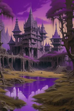 A purple haunted citadel near a swamp designed in ancient Egyptian hieroglyphs painted by Lucas van Leyden