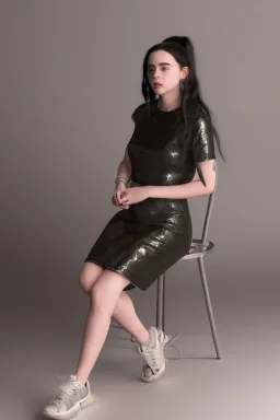 Billie Eilish, sitting on a chair, Black Short Dress, high detail, realistic, 8k