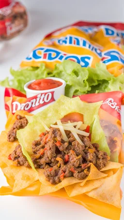 "Taco in a Bag" which consists of an open Doritos chip bag containing Doritos chips and cooked ground beef and lettuce and shredded cheese and tomato pepper and onions and more nacho chips, food blogger photography