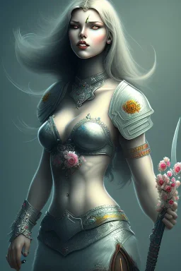 lady warrior with white top and flowers