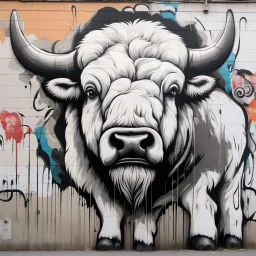 Arte grafiti de un bisonte blanco de ojos negros, hocico negro y pesuñas negras. Arte Déco Calidad ultra