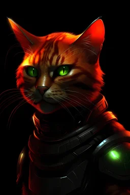 A realistic humanoid cat, sunset orange fur, blood red stripes, Wearing black leather armor, Scar over right eye, Glowing green eyes, shrouded in shadows, combat pose,