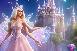 castle in background, beautiful, soft, big smiling, straight and long blonde hair, blues eyes, dewy and shiny atmosphere, diamond crown, long fairy wings in the back, full head, pink veil clothes