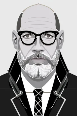 black and white,real estate agent,bald male with grey beard,55 years old,metal frame glasses,, necktie,portly,detailed drawing,white background