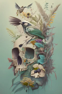 Bird skull overcome by vegetation, muted colors, flowers and insects