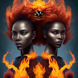 3D. Detailed Painting .realistic. Dark skin women. Beautiful. the faces of two young black women. Warm. Fire nymphs emerging from the flames.red.. Energy. Focus. THeir hair looks like smoke .smoke curling. Dreadlocs. Their skin is the colour of charcoal . Their hair moves like smoke. . their clothing is made of flames, red. Orange. Yellow. White and gold