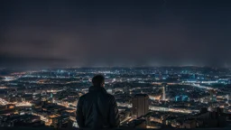 An Englishman in a bomber jacket standing at the top of a tall building looking across a city at night