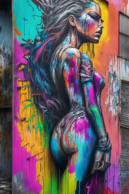 graffiti art on the back side of an abandoned building portraying a female super model posing confidently, 8k, highly detailed, centered, epic composition, graffiti art, splash art, street art, spray paint, oil gouache melting, acrylic, high contrast, colorful polychromatic, ultra detailed, ultra quality, CGSociety