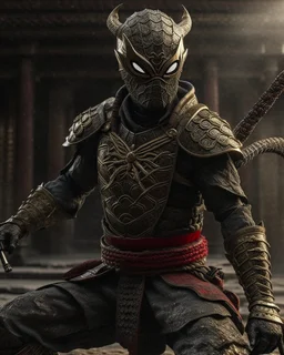 Hyper realistic spiderman ancient samurai style, use samurai weapon, intricate ancient armor, ancient background, elegant, grey and black smoke, stunning, render, hyper realistic, octane render, surrounding by lightning smoke effect