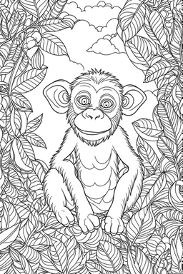 Children illustration monkey coloring book cover with color