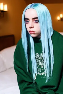 Billie Eilish, full body, on the bed, pale skin, high detail, realistic, 8k, not to be distinguished from a photo, identical pupils