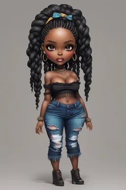 create a colorful abstract digital art image 8k of a chibi curvy black female wearing torn jeans pants with fringe on the side and a black-tie dye off the shoulder blouse. Prominent make up with hazel eyes. Highly detailed long Senegalese twist in a hair wrap