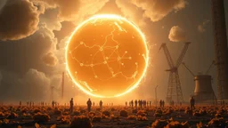 A photorealistic image of nuclear physics being used for good, specifically to feed the world's population