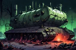 abandoned lab, a large tank filled with fluid and an experimental ghoul, post-apocalyptic style, night