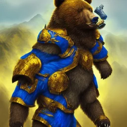 An angry bear warrior in blue and gold armor, background of Inka jungle, high detail, smooth, realistic, digital illustration, Artstation, artgerm,