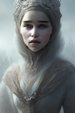  close up portrait of fog as wonderfull emilia clarke woman hijab, fine detail, highly intricate, modern surrealism painting, defined cracks and breaks, high-quality, volumetric lighting, 8k, ultrahd, George Grie, Marco Escobedo, Igor Morski,Brian Froud, Howard Lyon, Selina French,