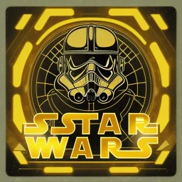 "STAR WARS" text, caption, shiny. gold metallic, reflective, centered