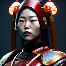 Japanese woman, rounded face, blood, black, red, samurai helmet, decorative color feathers, retro, bamboo, leather, soft color, highly detailed, art stations, concept art, smooth, unreal engine 5, god rays, ray tracing, RTX, lumen lighting, ultra detail, volumetric lighting, 3d, finely drawn, high definition, high resolution.