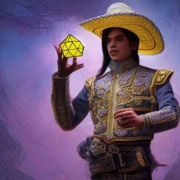 Insanely detailed photograph of an “male mariachi holding glowing D20” with intricate detailed Sombrero, intricate charo, hyperdetailed painting by Ismail Inceoglu Huang Guangjian and Dan Witz CGSociety ZBrush Central fantasy art album cover art,8K, hdr, mysterious, flickeringlights ,Stoic