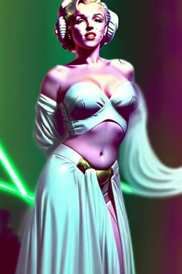[vaporwave, Marilyn Monroe] Marilyn Monroe, in princess Leia's slave costume of the Return of the Jedi, close to Jabba the Hutt.