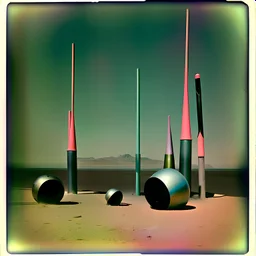 Odd spindle-shaped objects scattered over an arid surface, nothingness, polaroid, in Yves Tanguy style