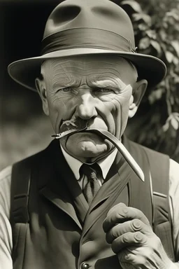 President Calvin Coolidge painted as a farmer with his mouth gagged with pitch fork eye covered with hands