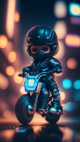 A cute Kawaii tiny hyper realistic baby robocop riding mini harley davidson, wearing bikers clothes with freestyle action, night of cyberpunk city background. wide angle full body, 8k, Cinematography, photorealistic,epic composition Unreal Engine,Cinematic, Color Grading, Portrait Photography,Ultra-Wide Angle, Depth of Field, hyper detailed