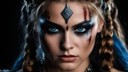 cinematic film still dramatic side lighting, (((detailed eyes))), dramatic intense stare closeup portrait, dark black background, hdr, dramatic beautiful warrior woman with warrior face paintings and blood, viking braids, blue eyes, pelt, skull necklace, shallow depth of field, vignette, highly detailed, high budget Hollywood film, cinemascope, moody, epic, gorgeous