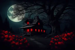 Creepy trees, creepy night, moon, cabin, red flowers, background pc