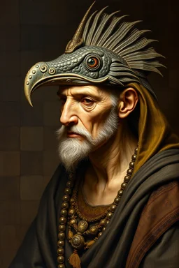 master oil painting by Rembrandt, realistic rendering Portrait of the Apkallu sage who were sent by the god Ea to teach civilization to humanity before the flood. They were depicted as half-human and half-fish or bird, and were associated with wisdom, magic, and culture. blurred tile pattern background, brightened edges to give a sense of depth