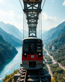 distance view Realistic Photography Panoramic style electric modern train, atmospheric beautiful electric modern train, rides in stunning bridge river and mountain landscape, mountain gorge, bright color palette, high detail, perfect composition, cinematic shot, intricate details, hyperdetail