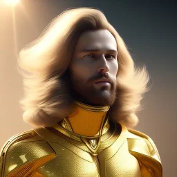 beautiful cosmic golden male, long hair, nice smiling, delicate colors, beautiful glamour galactic golden dress, ultra sharp focus, 8k, unreal engine 5, extremely sharp detail, light effect, soft light atmosphere of a spaceship, smooth, full of details, face in front, complete vision of face and body