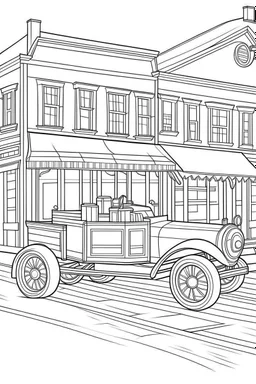 Outline art for coloring page OF A 1943 PULL TOY IN THE UNITED STATES IN FRONT OF A STORE, coloring page, white background, Sketch style, only use outline, clean line art, white background, no shadows, no shading, no color, clear