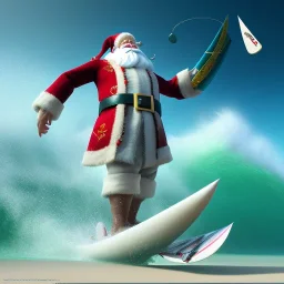 Santa standing of surfboard surfing a big wave, empty hands, beach, character design by cory loftis, fenghua zhong, ryohei hase, ismail inceoglu and ruan jia. unreal engine 5, artistic lighting, highly detailed, photorealistic, fantasy