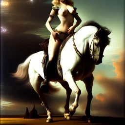 fullbody portrait of beautiful booty busty blonde with big green eyes woman riding a horse by Artemisia Gentileschi 8k