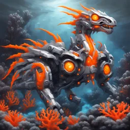 Mecha Sea Dragon grey and dark grey with white symbols and a glowing orange mecha eye, background machine coral reef, in faux painting art style