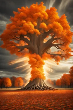 a tree in the fall that looks like a nuclear explosion with winds rushing outward, angelic fantastic lighting