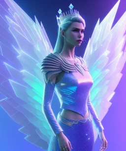 A crystalised queen, atmospheric, realistic, unreal engine, cinematic lighting, octane render. blue, pink, transparency, light, shine,bright, full body, transparent wings, blonde, long hair, nice smile