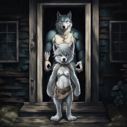 fantasy digital art of crying young female anthro wolf in gray hairy wolf body and wears just a short canvas rag around her waist , sadly crying face stands in the rain front the door, behind her an tall anthro dark hairy wolf man standing behind in rustic halb open door in an massive wooden house, deep colors, rainy day, detailed, anthropomorphic creatures, fantasy, sci-fi mood