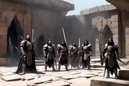Four Klingon warriors gather in the stone courtyard of a fortress on Qo'noS, checking their traditional weapons before the battle. On the left, a warrior tests the weight of his massive bat'leth, while his comrades sharpen their d'k tahg daggers and mek'leth blades. Armor of leather, fur and spiked steel, braided hair, and banners of the Empire blowing in the cold mountain wind. No phasers. No mercy. Only Kahless' legacy. Inspired by Star Trek TNG / DS9 Klingon culture.